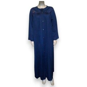 Vintage Shadowline Satin Long Sleeve Robe-Large-Embroidered Rose Yoke-Pockets-